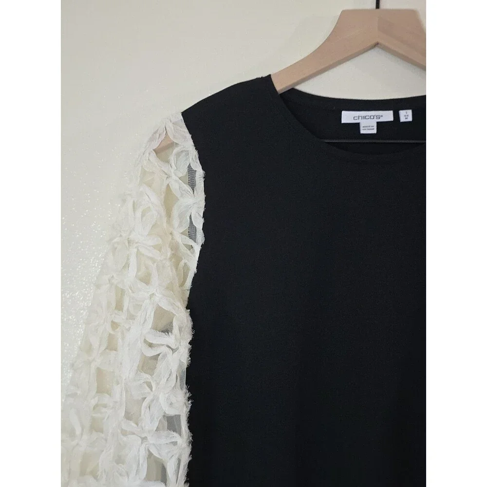 Chico's Mesh Applique Sleeve Blouse Womens Size 1 Medium Black Ivory Elegant Top